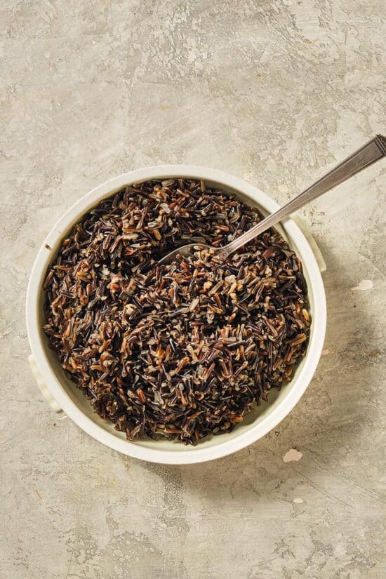 Spoon in a white bowl of wild rice.