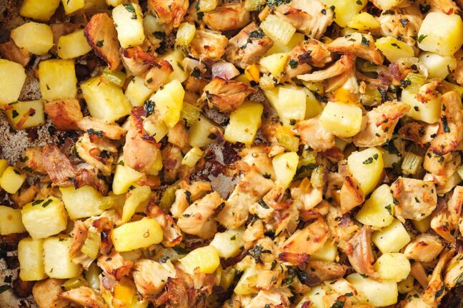 Leftover Turkey Hash with potatoes, onion, and parsley.
