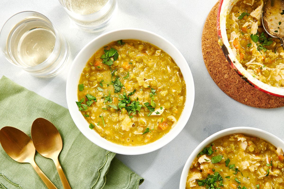 Bowls of Leftover Turkey Split Pea Soup on a table.