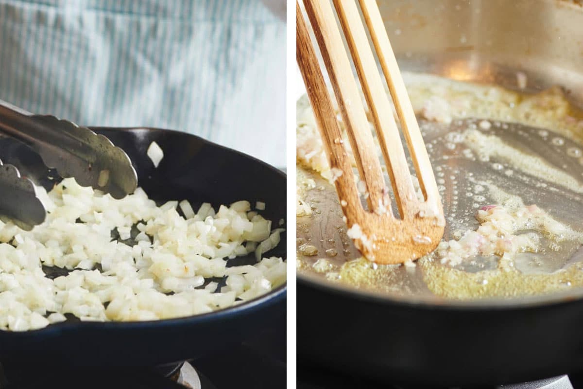 Sauteing onions and garlic in pan on stove.
