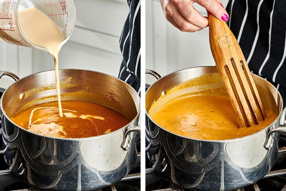 Stirring cream and pumpkin into soup in pan on stove.
