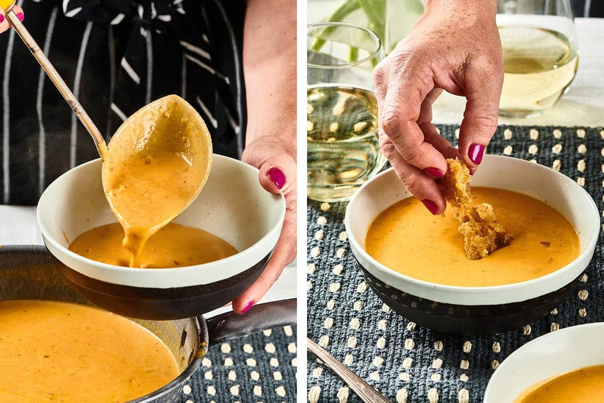 Serving pumpkin curry soup with croutons in bowl.