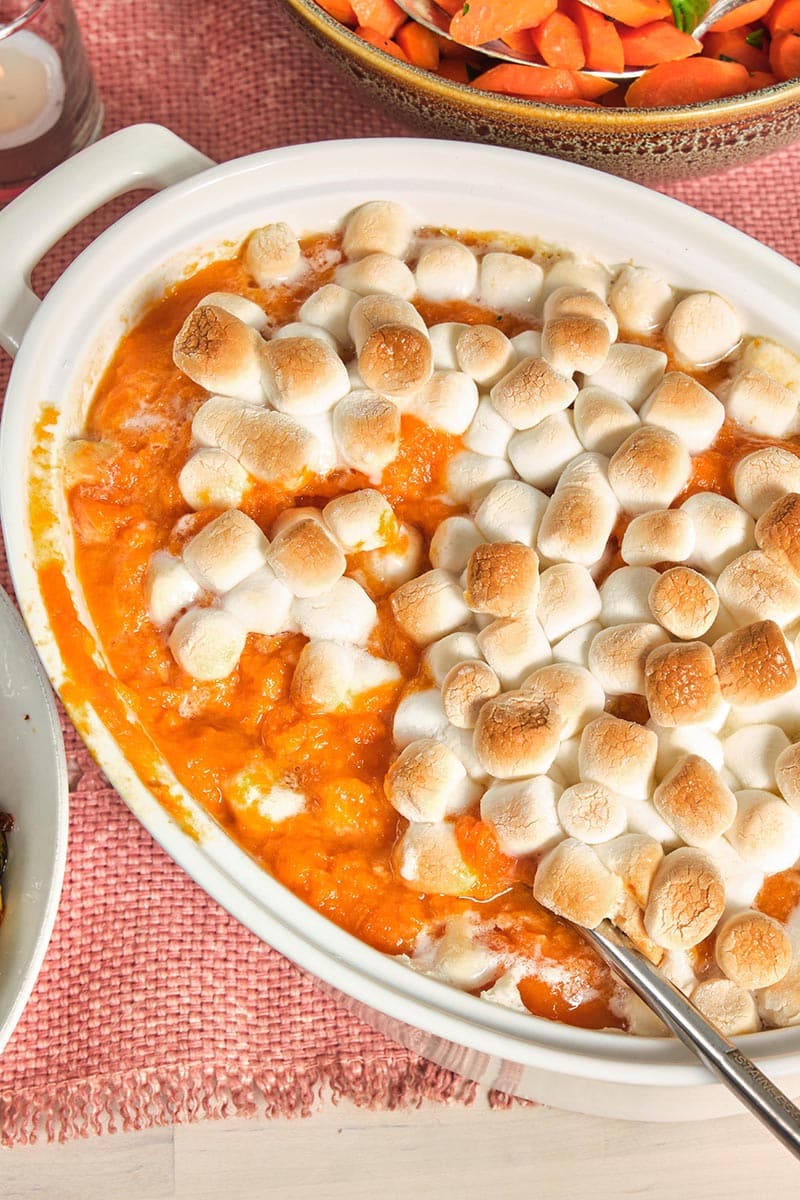 Sweet Potato Casserole topped with toasted Marshmallows.