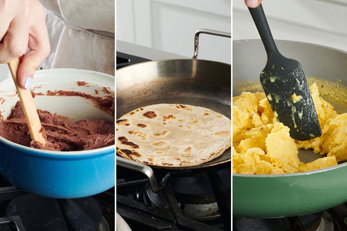 Woman heating refried beans and tortillas, and scrambling eggs on stove.