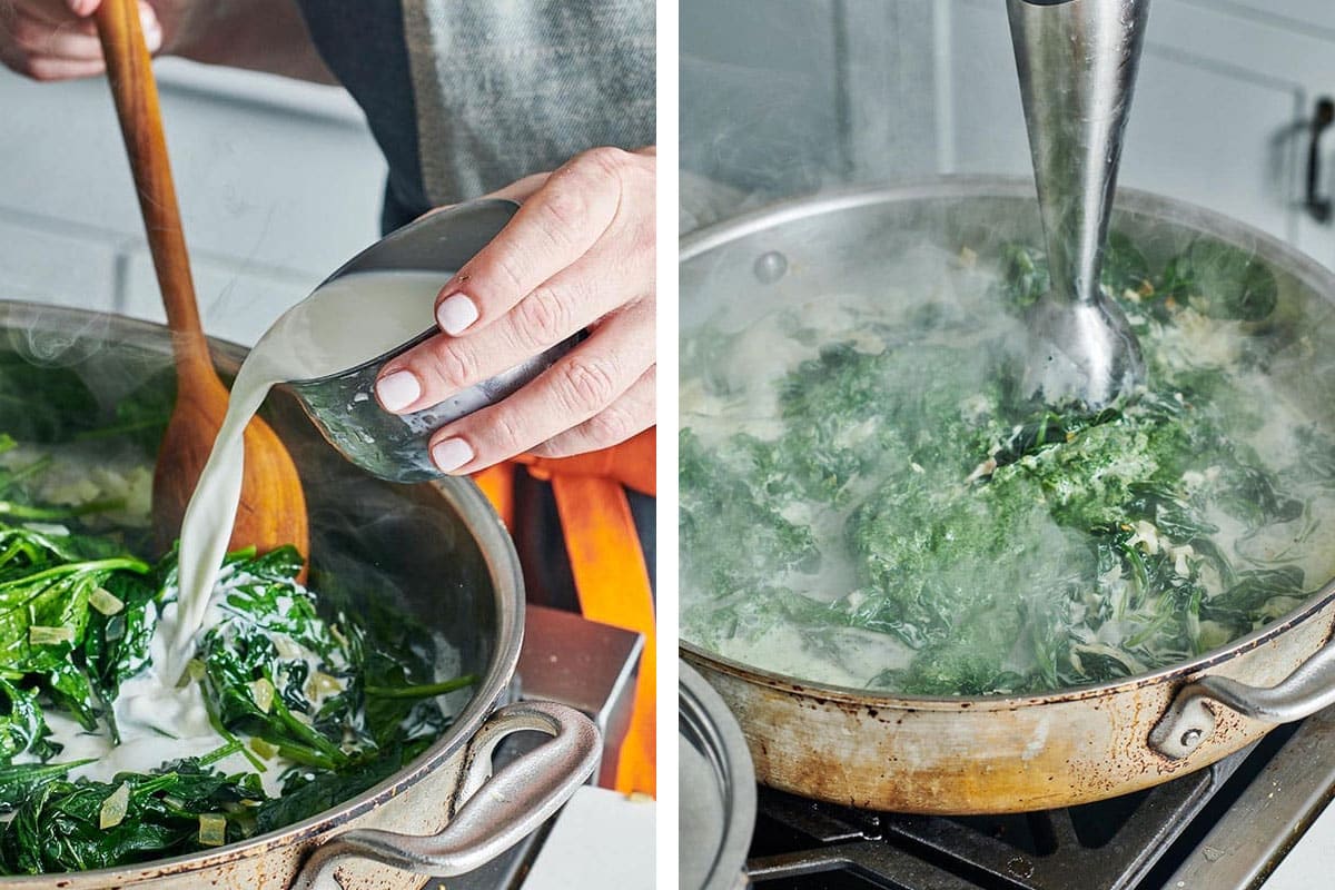 Woman adding cream to sauteed spinach and blending in pan.