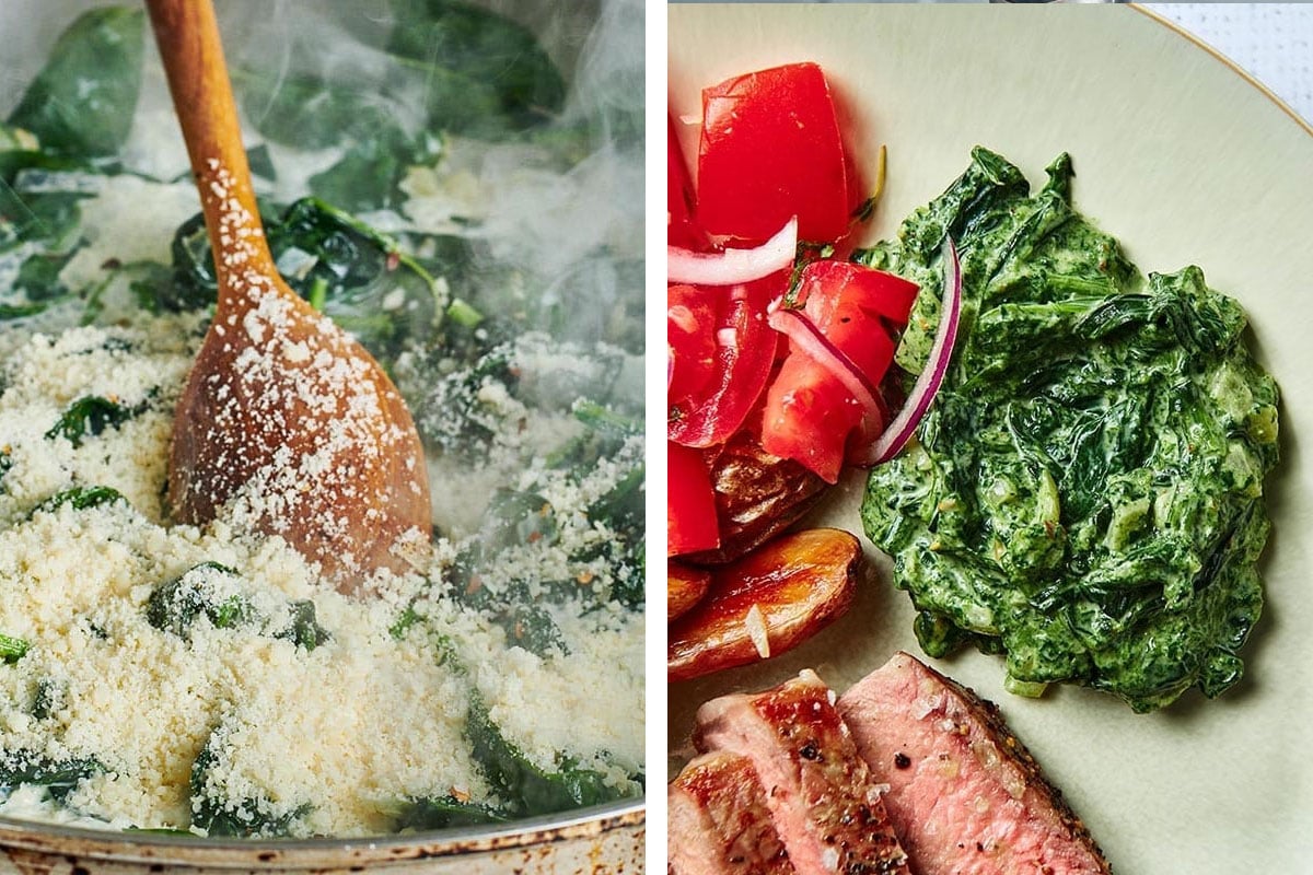 Stirring Parmesan into creamed spinach and serving on plate.