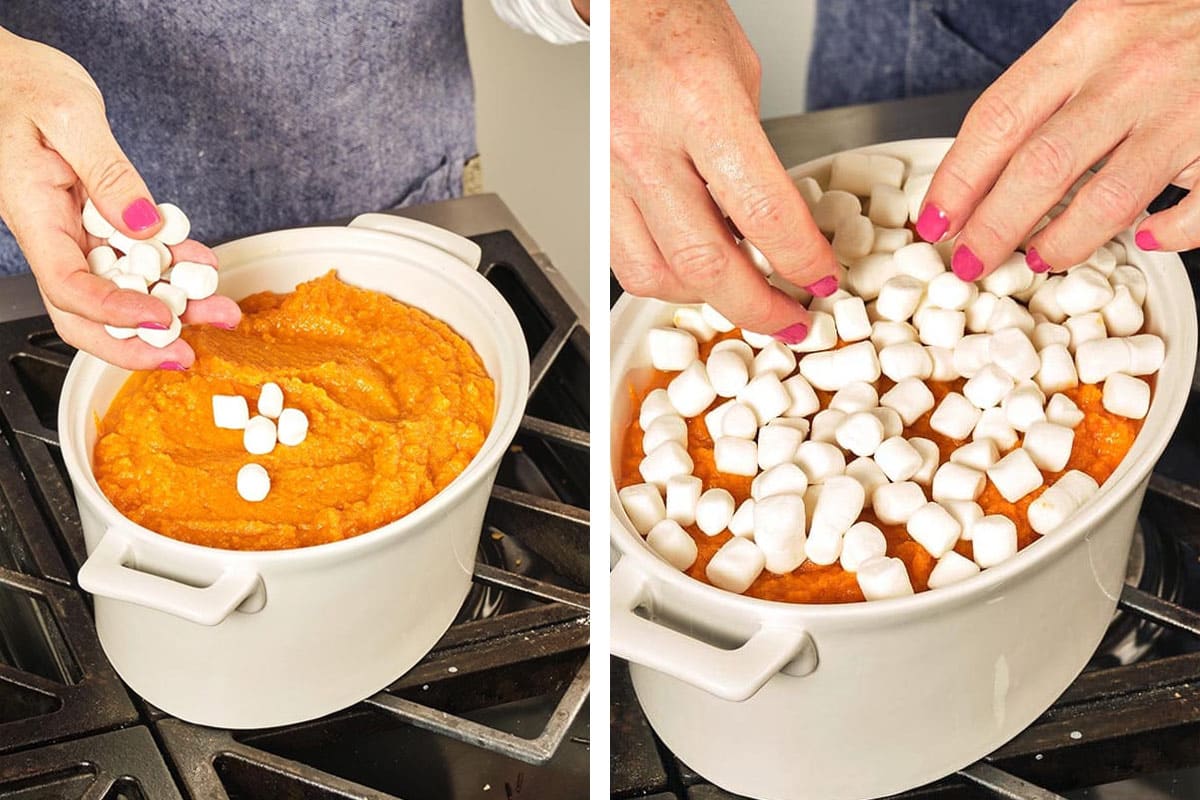 Placing marshmallows on sweet potato casserole in baking dish.