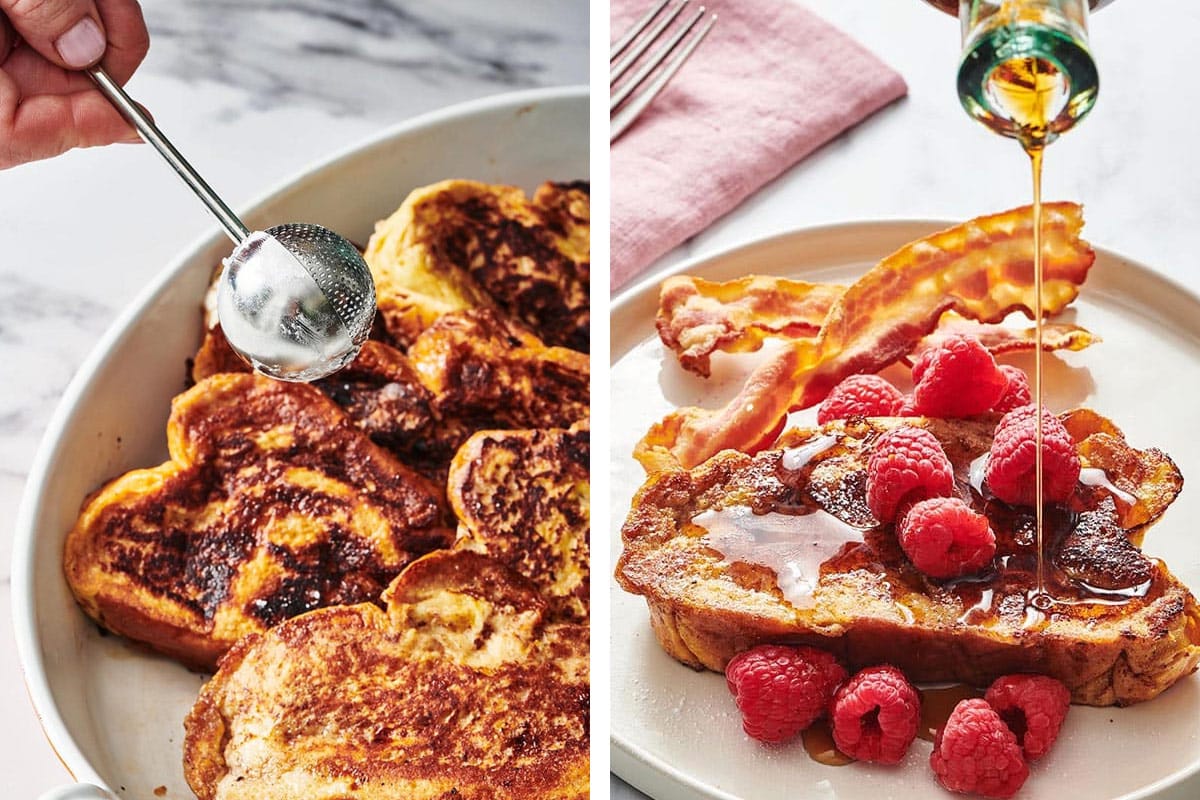 Topping French toast with powdered sugar, raspberries, and syrup.