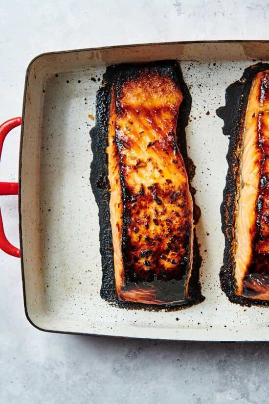 Broiled miso salmon in baking dish