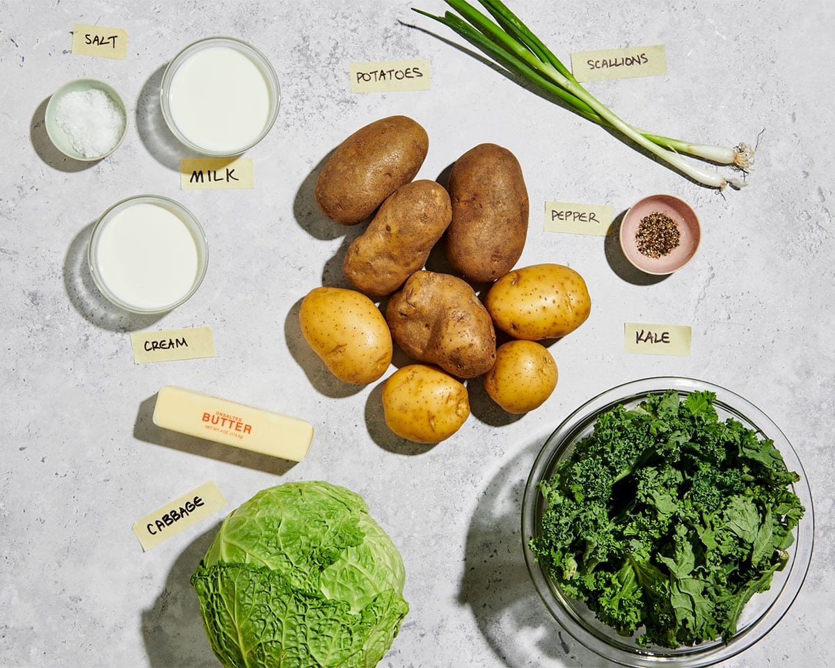 Potatoes, cabbage, kale, and other colcannon ingredients.