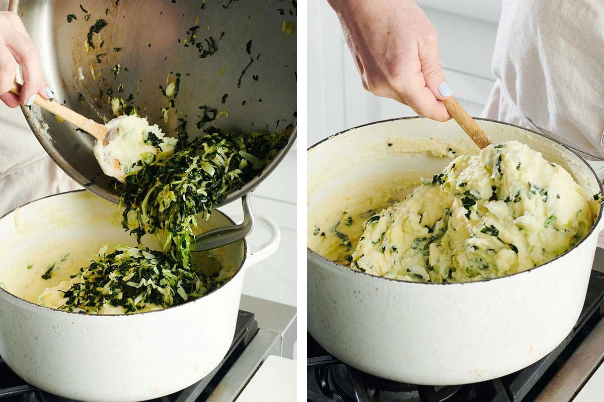Mixing sauteed greens into mashed potatoes in pot for colcannon.