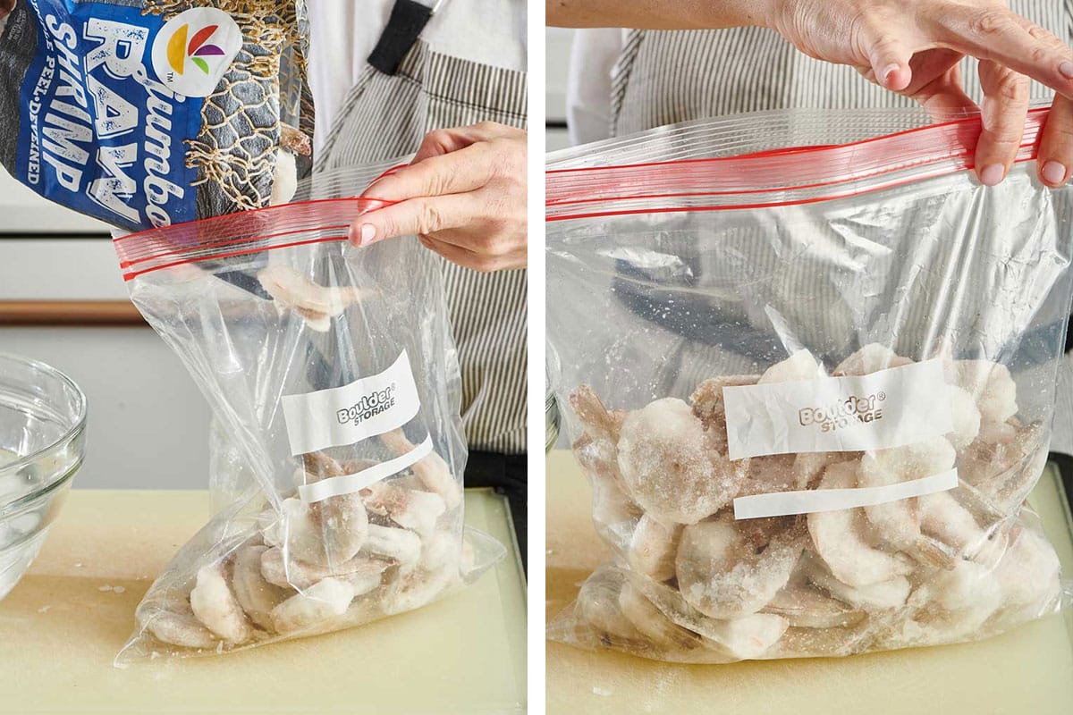 Frozen shrimp being poured from their packaging into a zipper top bag.