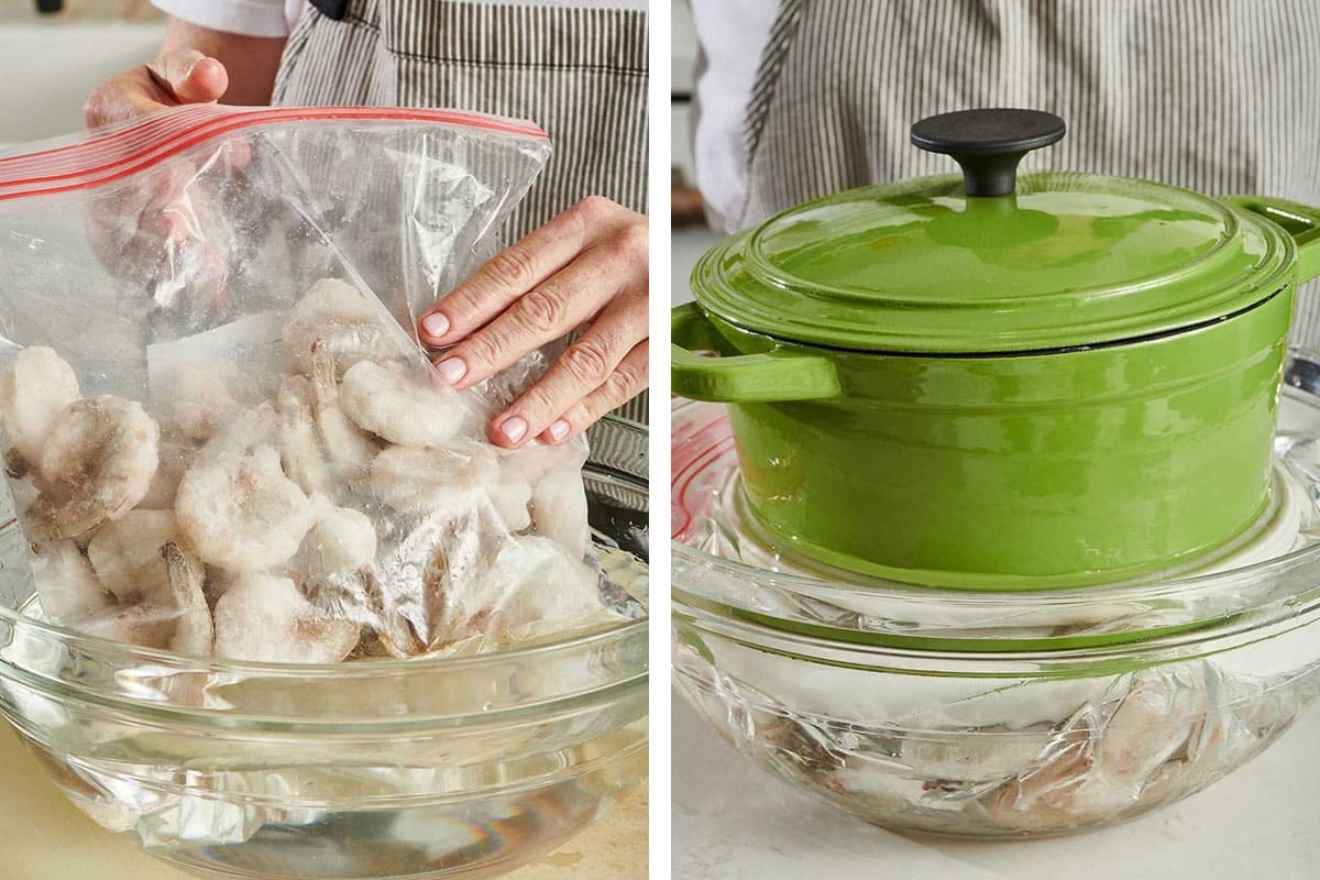 Submerging frozen shrimp in cold water and weighing down with green pot.