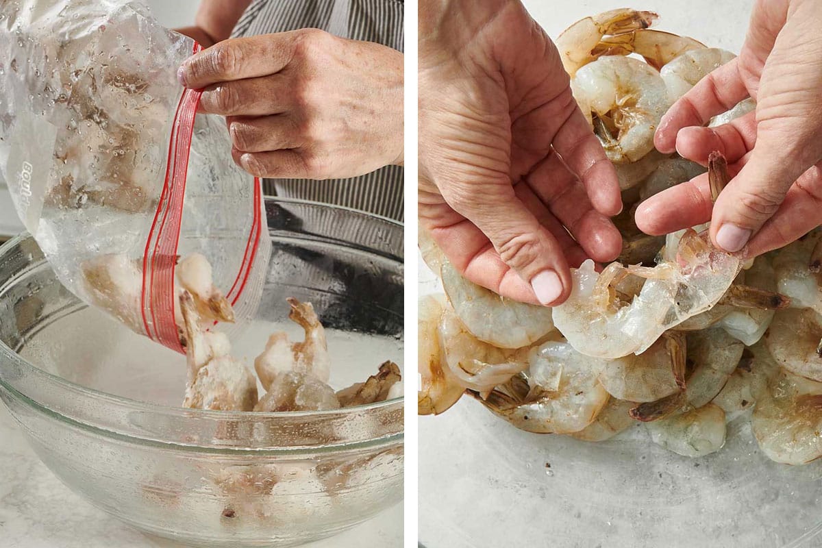 Moving thawed shrimp to bowl and peeling.