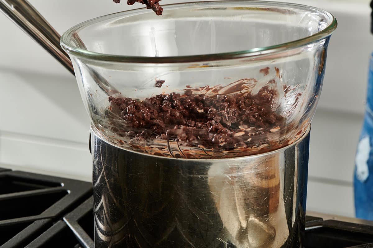 Melting chocolate in a homemade double boiler.