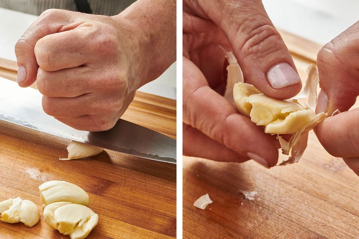 Smashing fresh garlic with knife and peeling cloves.