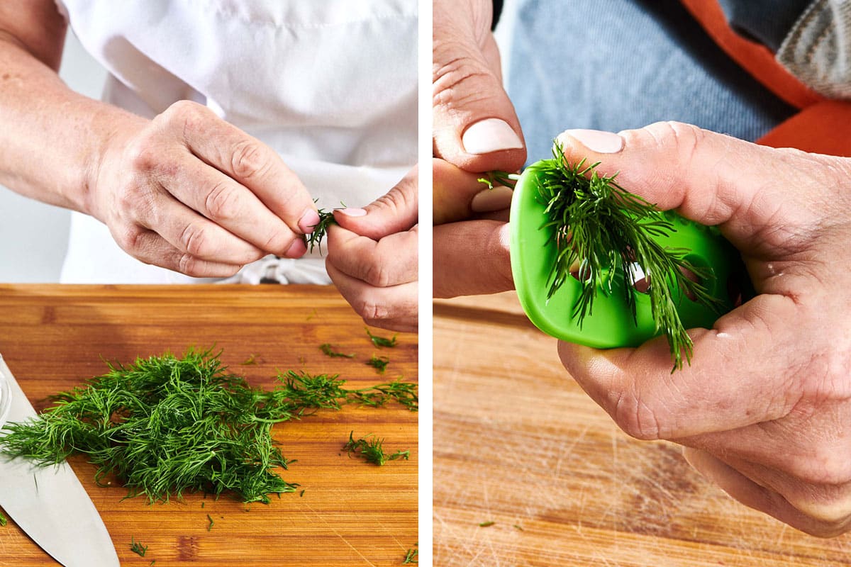 Removing dill leaves from stems by hand and with herb stripper.