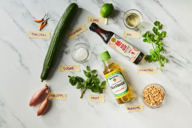 Ingredients for Vietnamese Cucumber Salad on marble tabletop