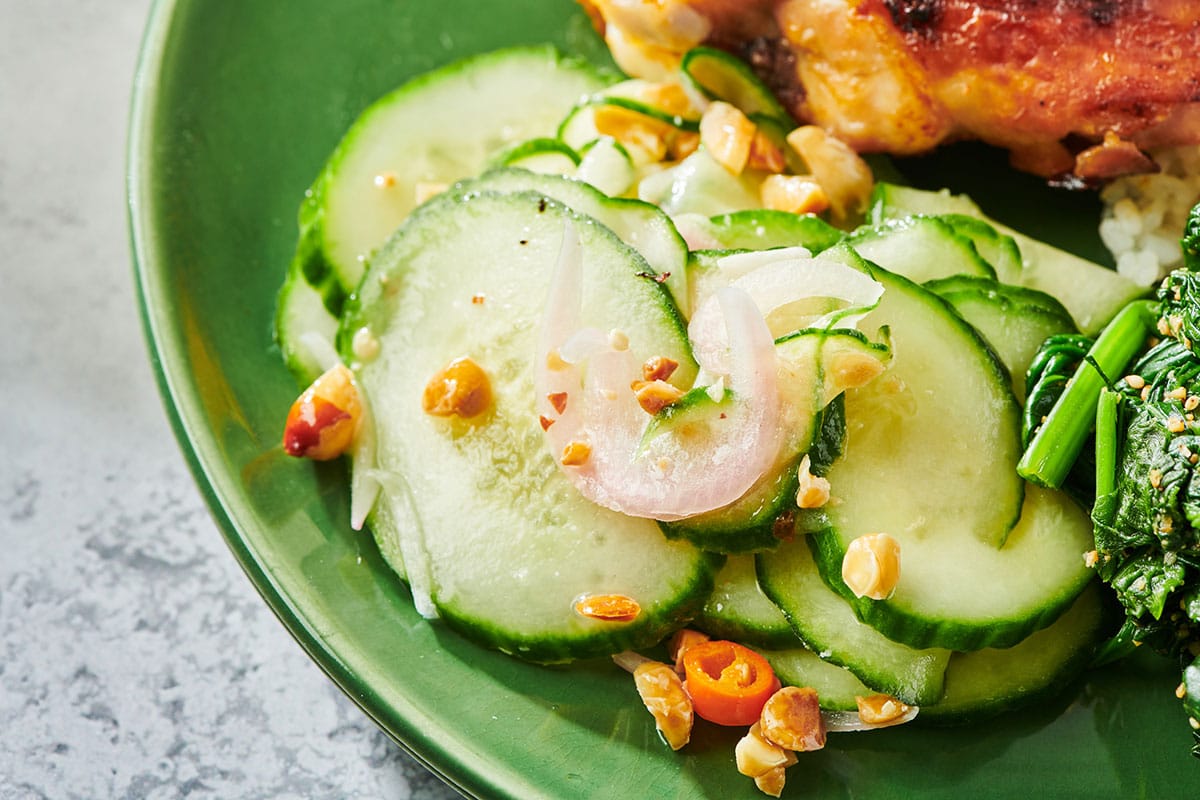 Vietnamese cucumber salad on green plate