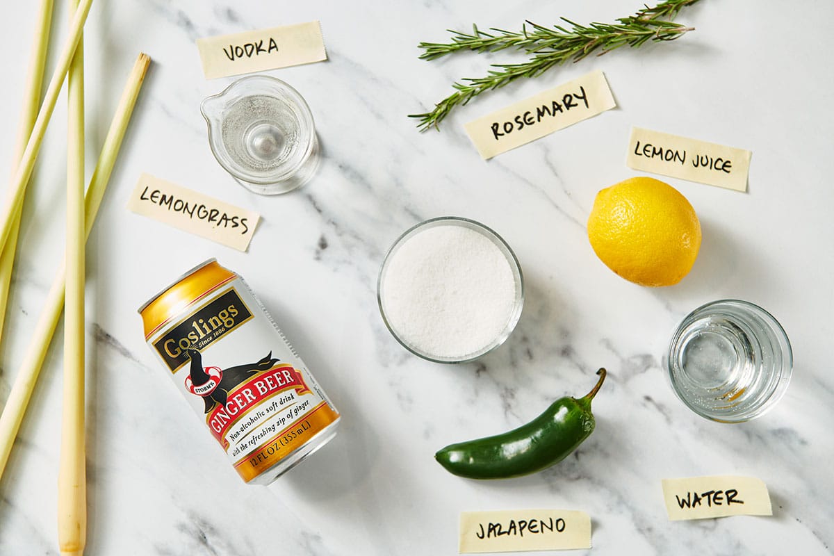 Ginger beer, vodka, rosemary, jalapeno, and other ingredients for a lemongrass cocktail.