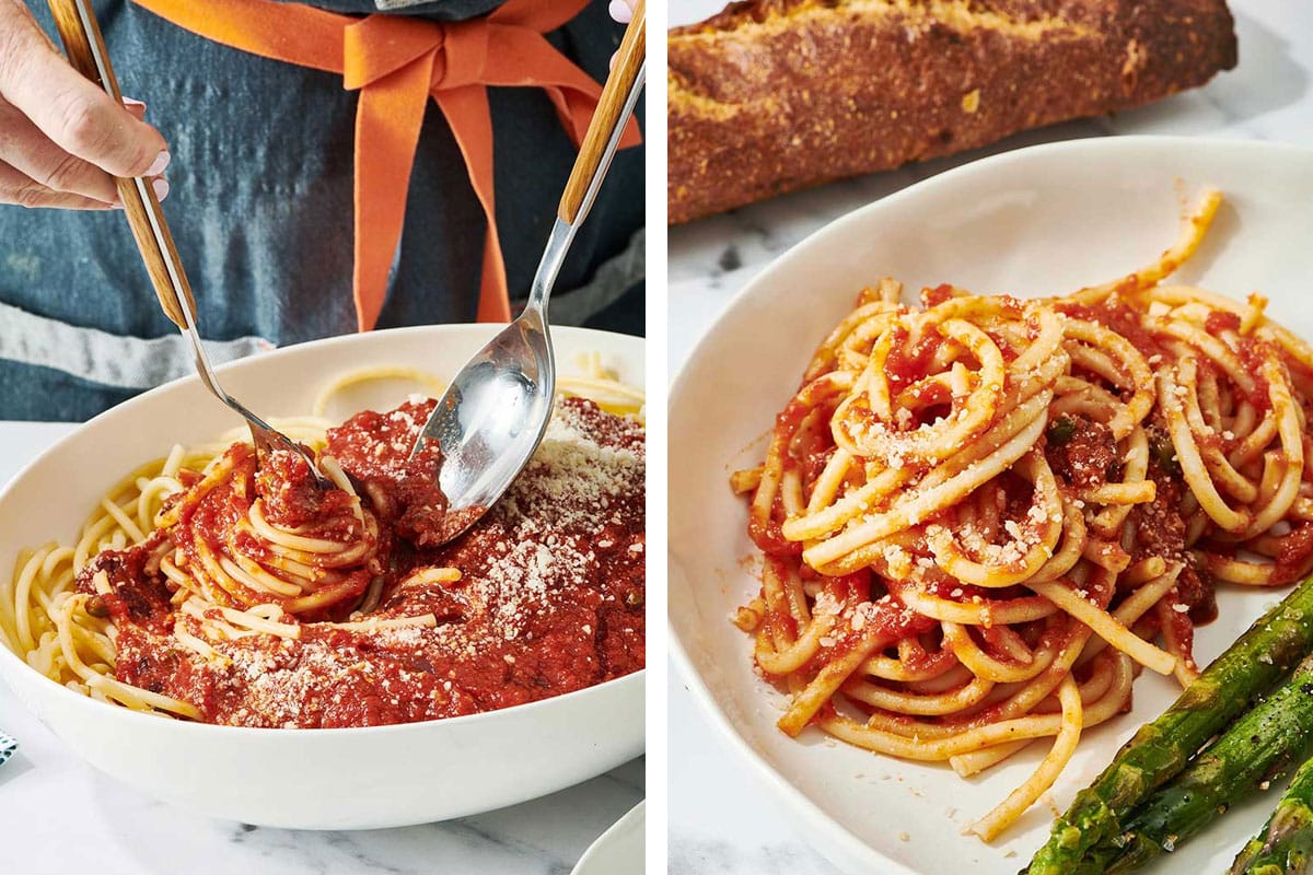 Woman tossing pasta and sauce and serving Pasta Puttanesca.