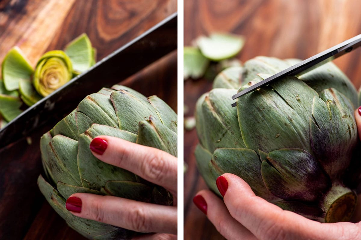 Trimming top and leaves of fresh artichoke.