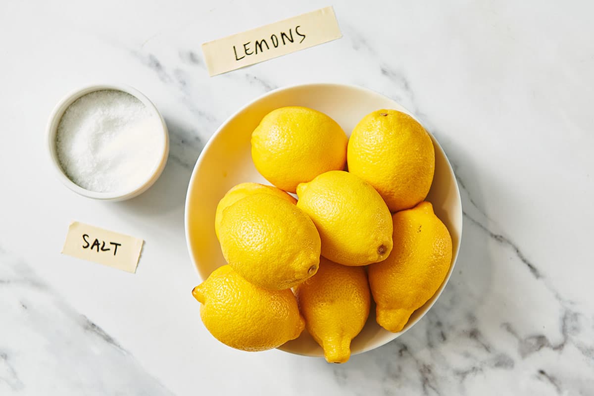 Bowls of fresh lemons and kosher salt on white marble.