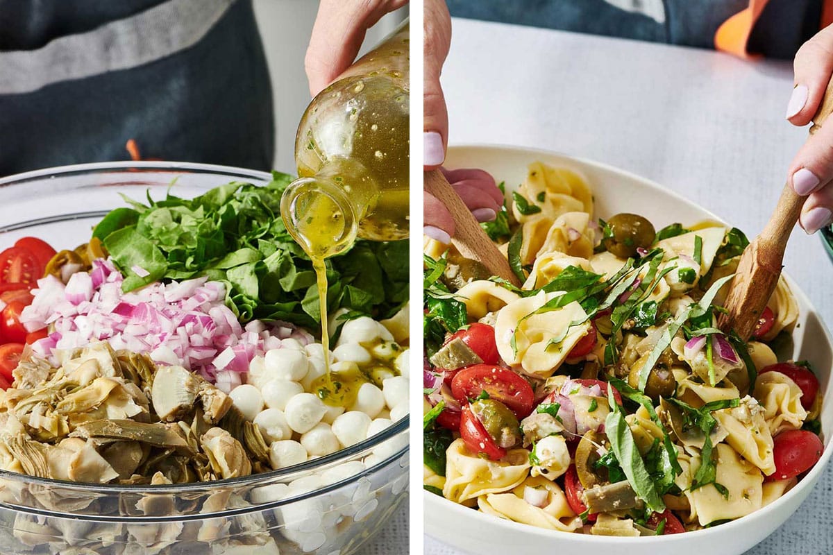 Adding oil and tossing tortellini salad in bowl.