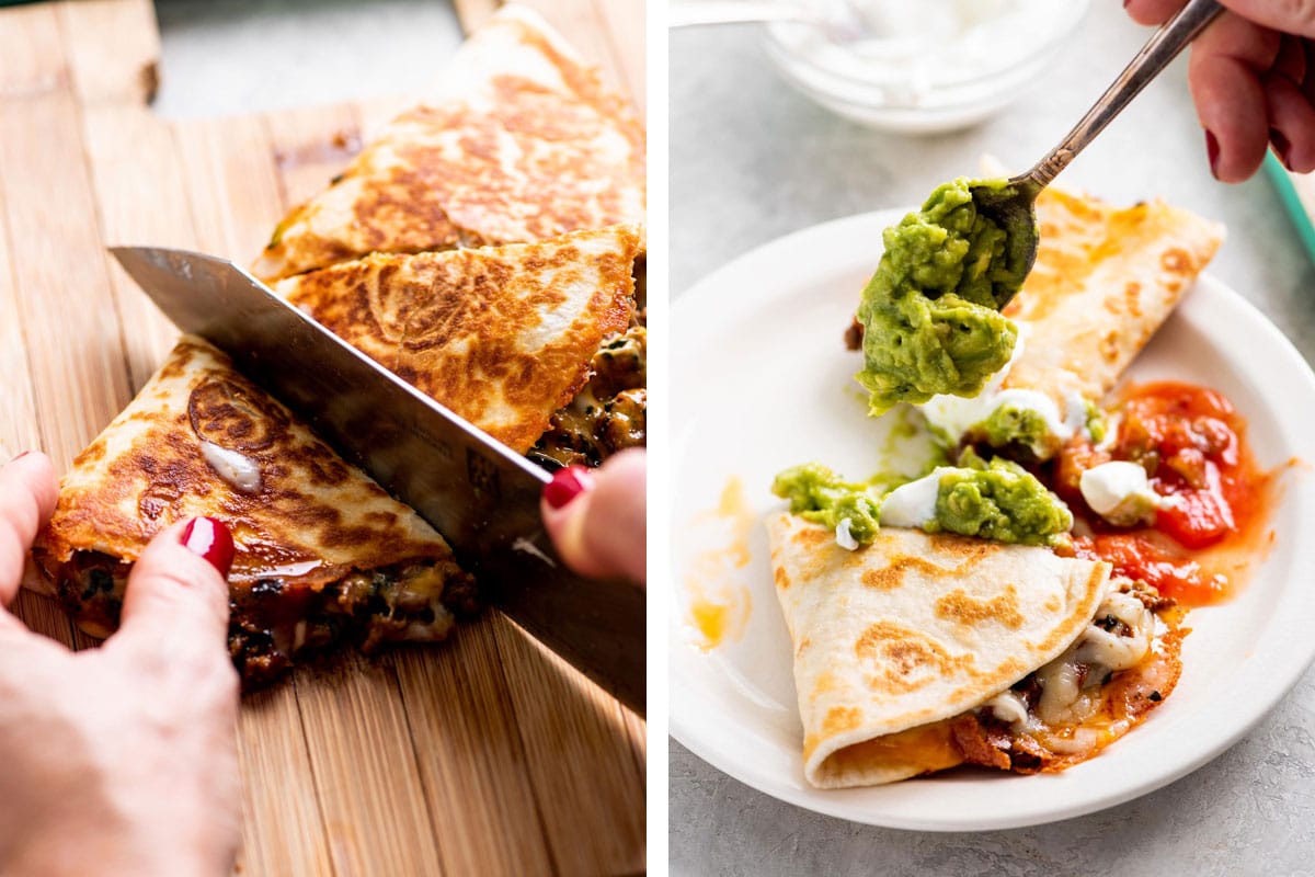 Cutting quesadillas into triangles and serving with guacamole and salsa on plate.