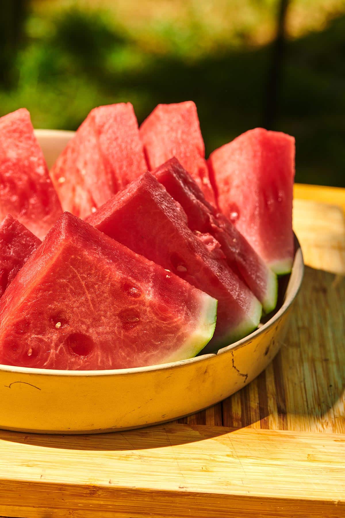 Fresh watermelon slices in bowl on picnic table.