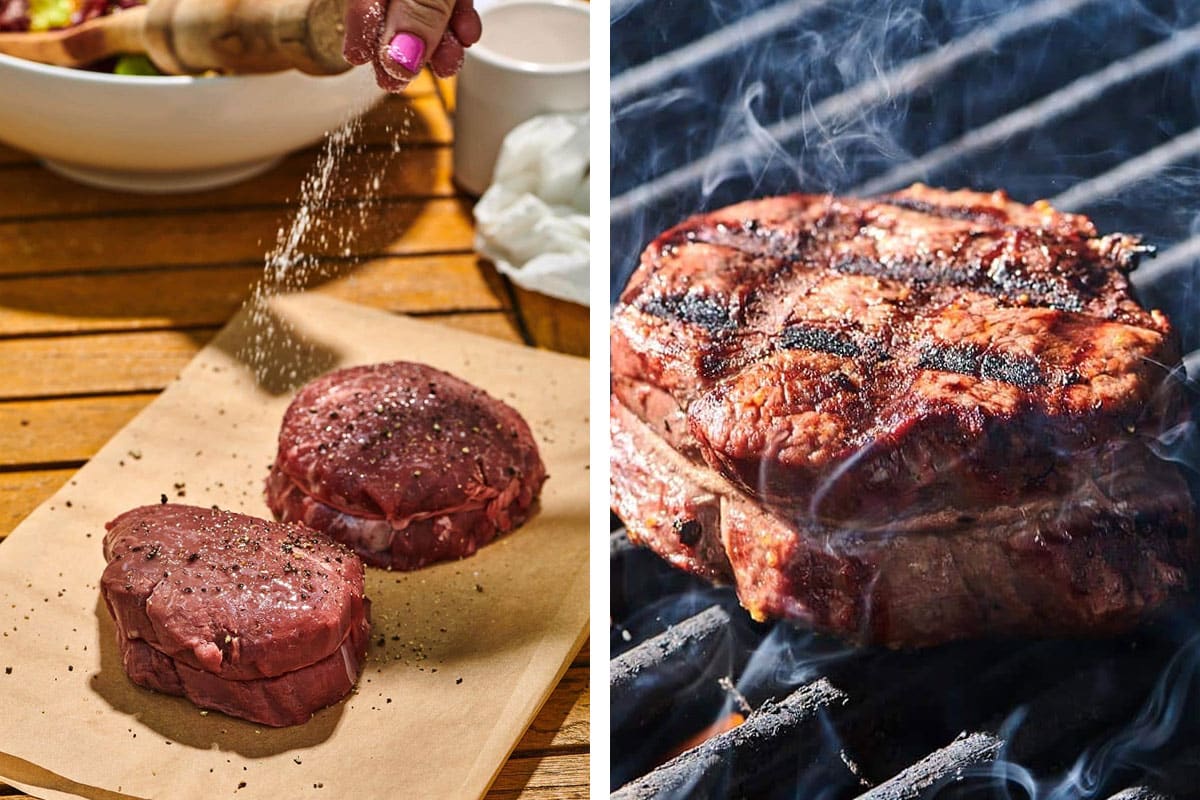 Seasoning filet mignon with salt and cooking on grill.
