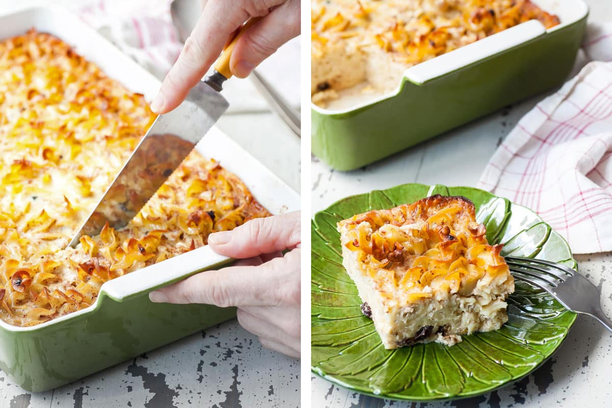 Slicing and serving baked Jewish noodle kugel on green dishware.