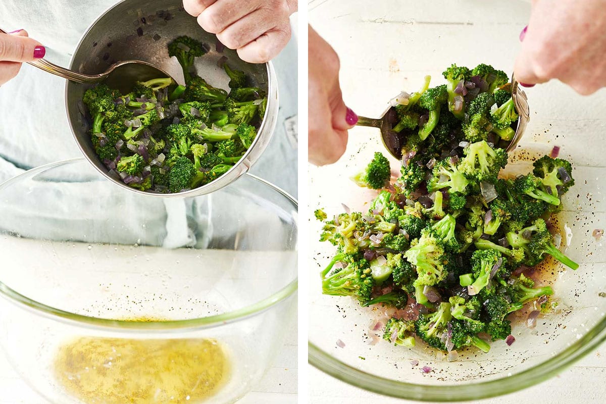 Tossing Broccoli Orzo Salad with spoons.