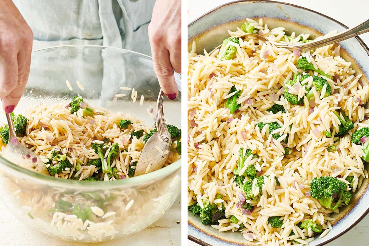 Tossing Broccoli Orzo Salad in glass bowl with spoon.