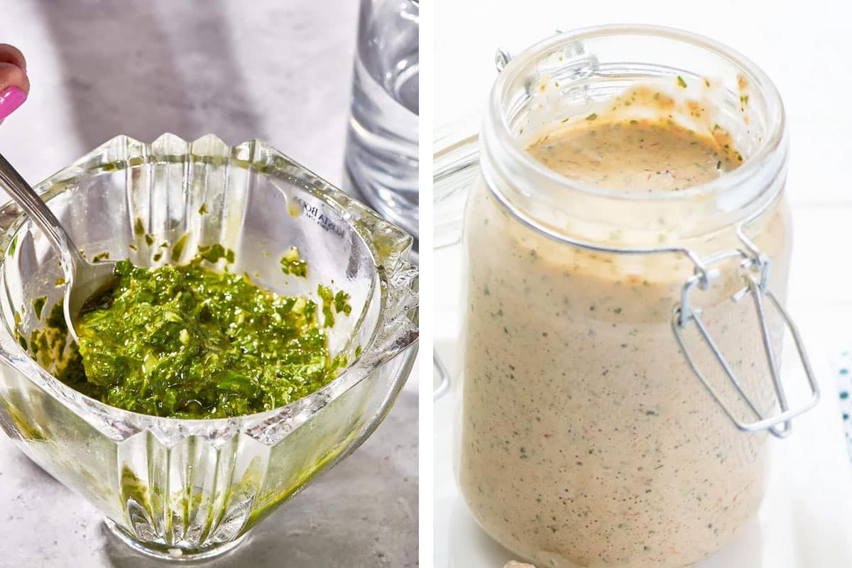 Mint-basil pesto and roasted red pepper basil mayo in glass jars.