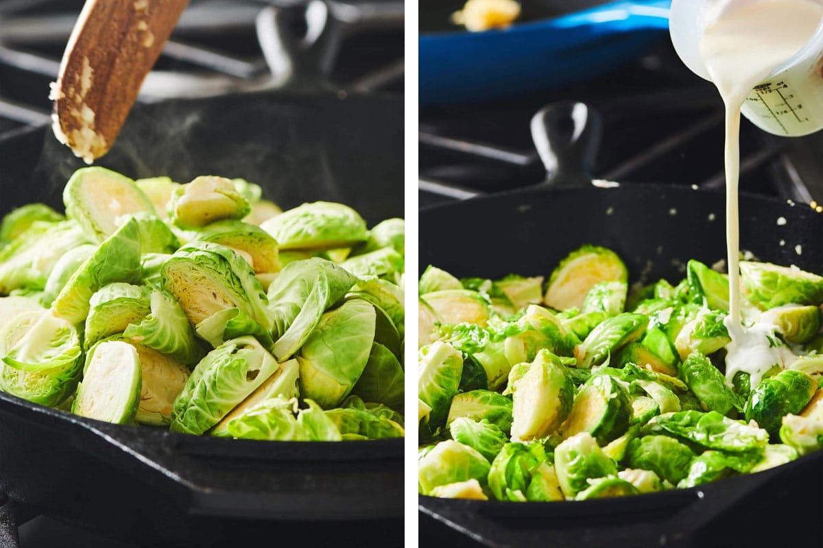 Adding creamed to sauteed Brussels sprouts in pan.