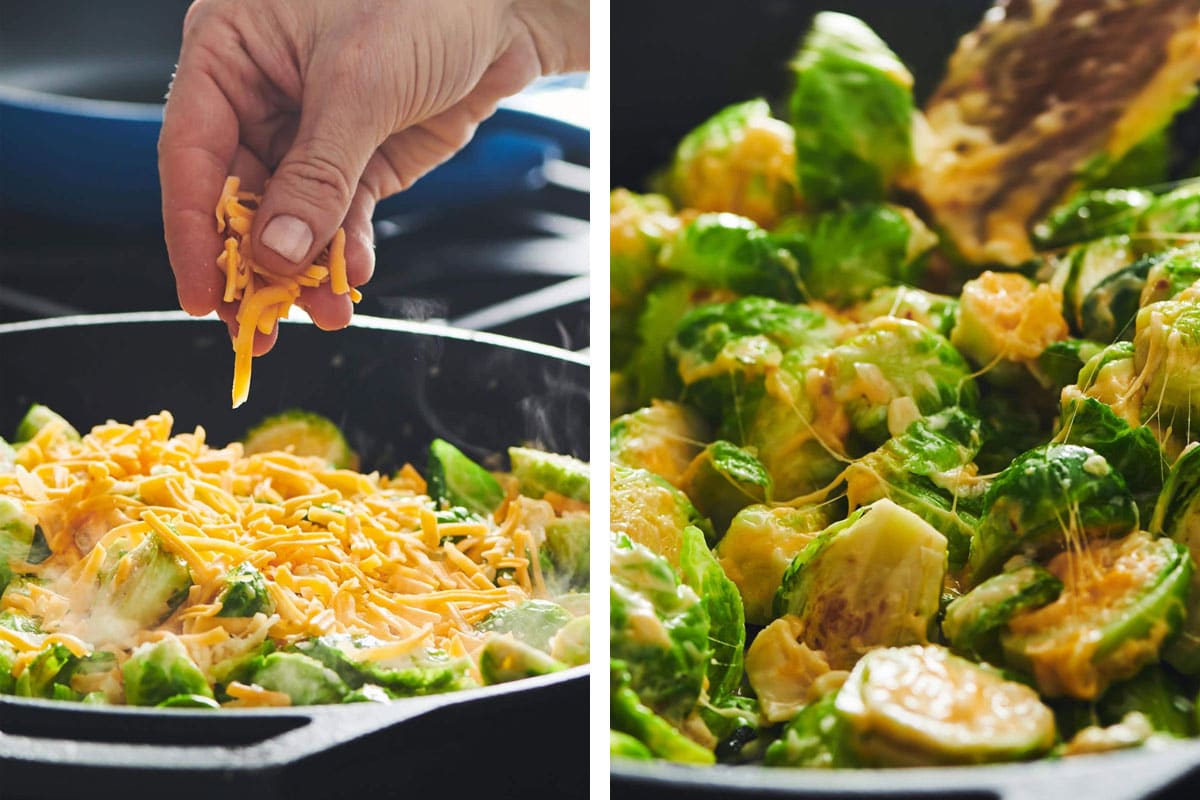 Melting cheese over sauteed Brussels sprouts.