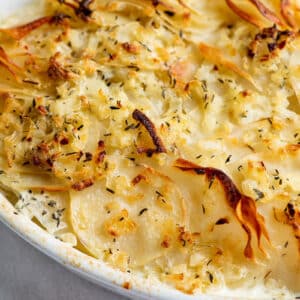 Creamy Scalloped Potatoes in baking dish.