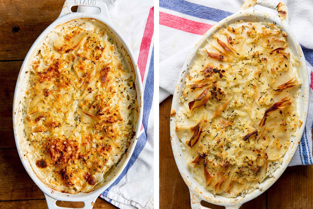 Scalloped potatoes in baking dishes with and without cheese.