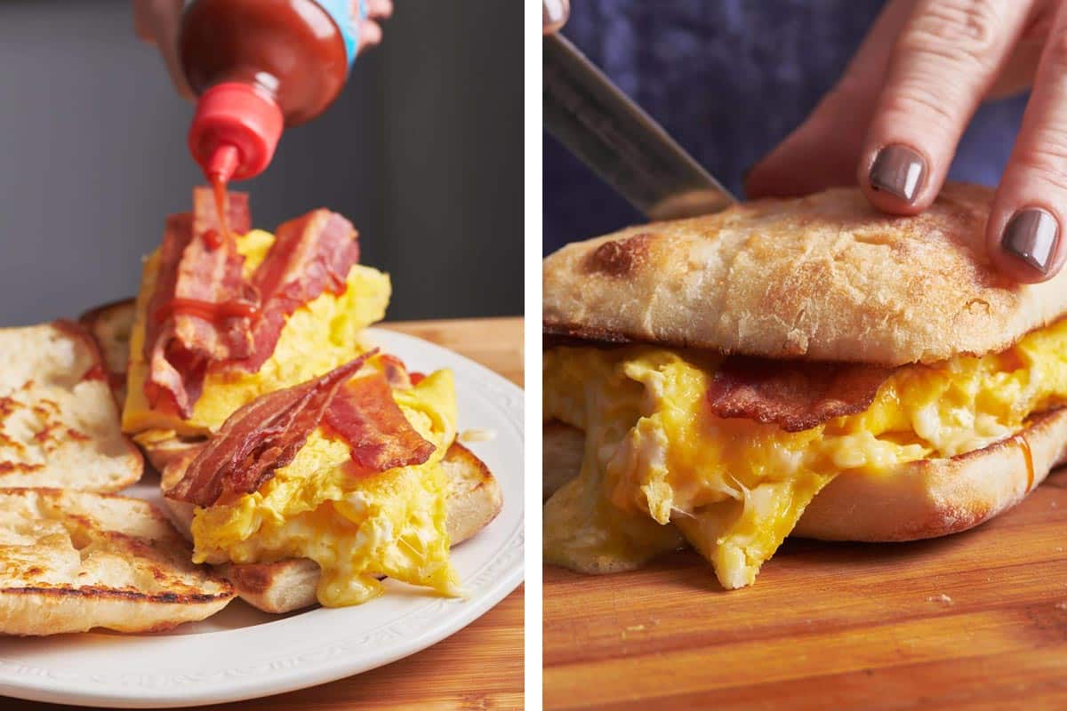 Squirting hot sauce and cutting a bacon, egg, and cheese sandwich.