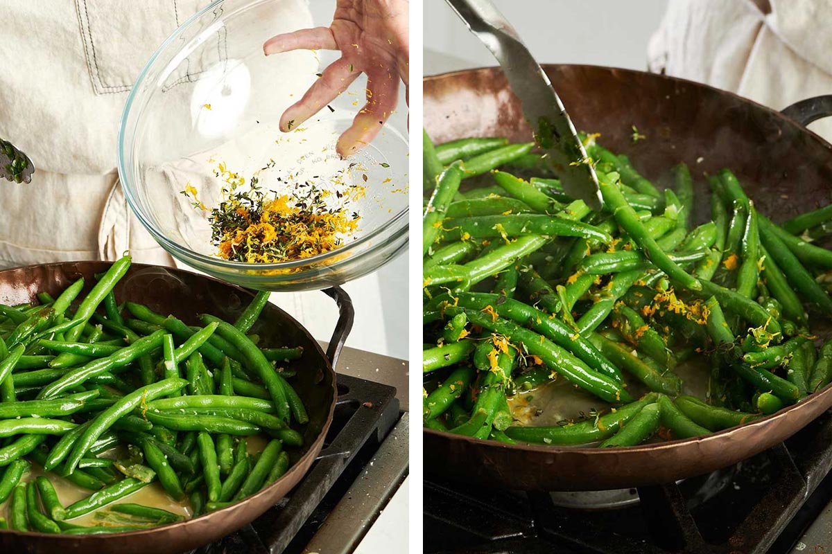 Sauteing green beans with gremolata.