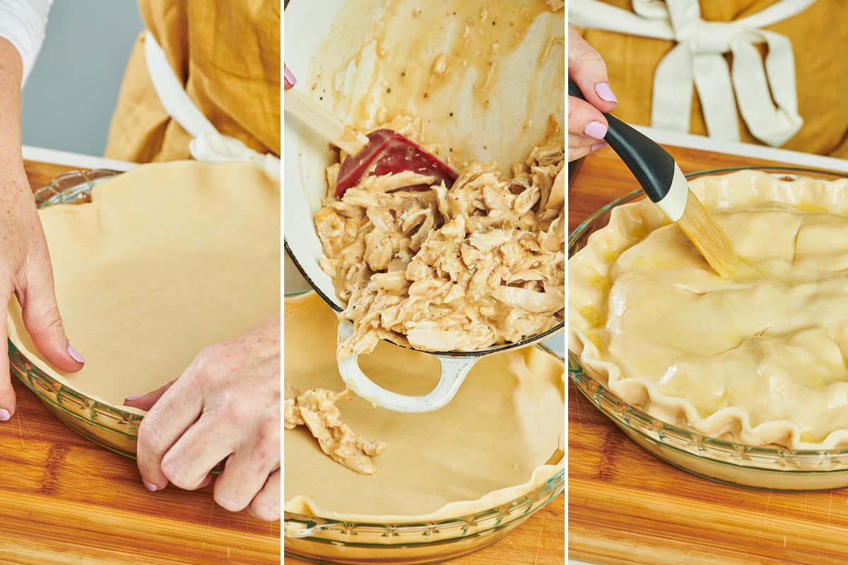 Building pie with crust, shredded chicken, and egg wash.