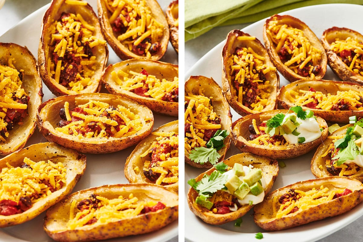 Baked potato skins loaded with vegan cheese and sour cream, and cilantro.