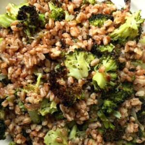 Farro with Grilled Broccoli and Sweet Onions on white plate.