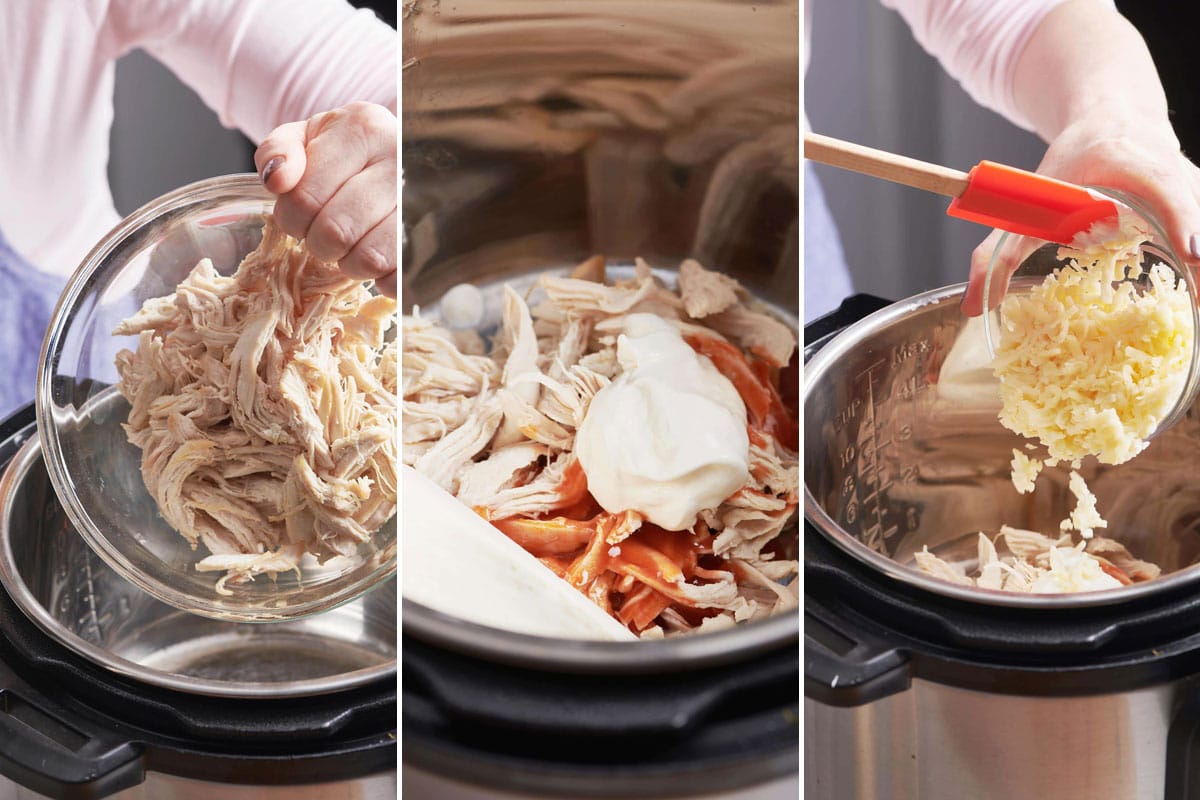 Woman adding shredded chicken and cheese, and other ingredients to Instant Pot.