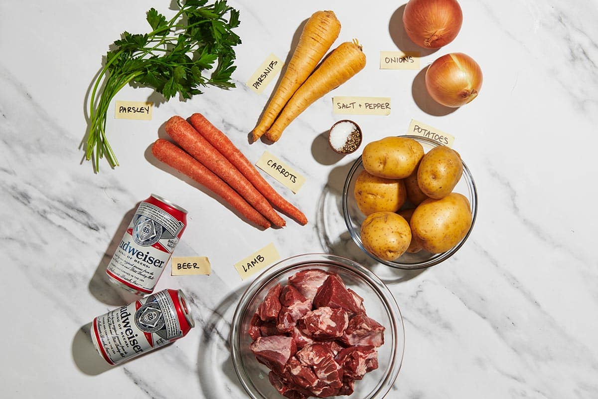 Lamb, potatoes, carrots, parsnips, beer, and other Irish stew ingredients.