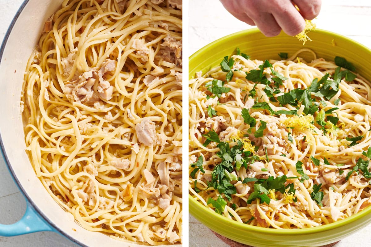 Serving linguine with white clam sauce in bowls with lemon zest and parsley.