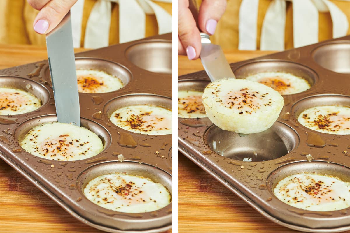 Woman removing baked eggs from muffin tin with knife.