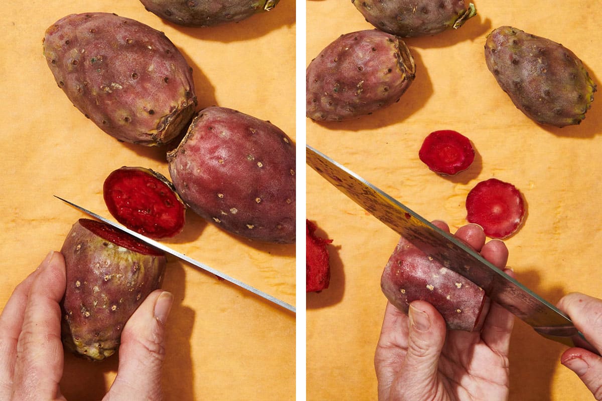 Cutting the peel off prickly pear.