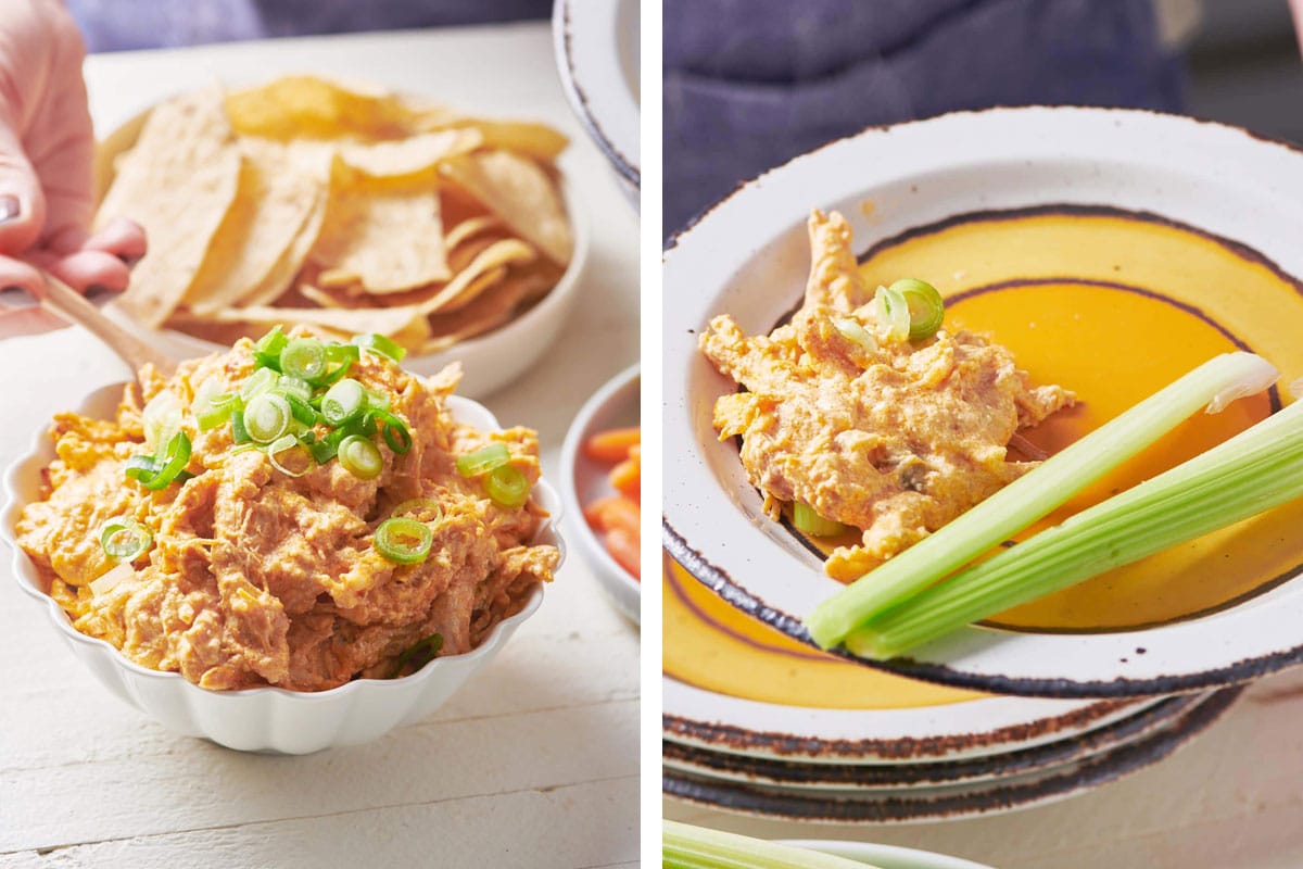 Serving Buffalo chicken dip with scallions, chips, celery, and carrots.